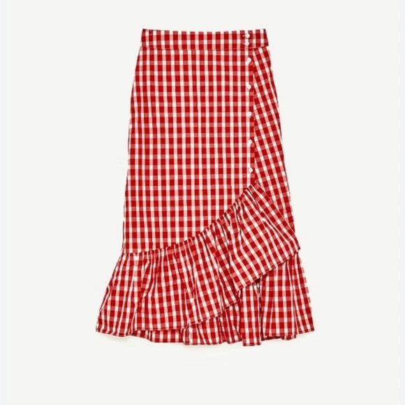 ZARA Red Gingham Ruffle Midi Skirt - Picture 5 of 13